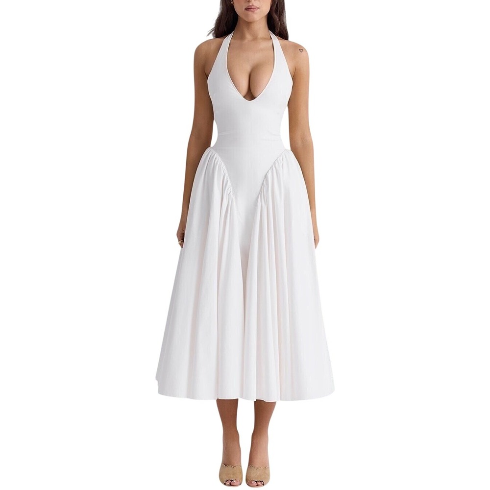 House of CB Marilyn Ivory Open Back Halter Dress Midi Pleated Skirt - Size S